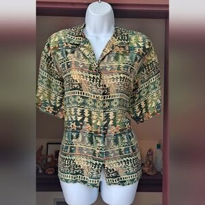 STUNT PETITE Ikat 100% Silk Button Front Blouse Short Sleeve Blouse Western
